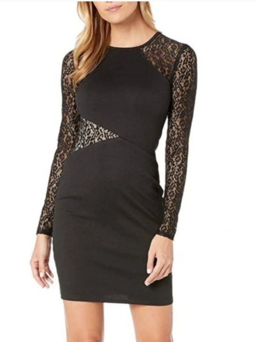 BCBG Maxazria Jorden Lace Contrast Bodycon Dress Black Glam Party Chic M